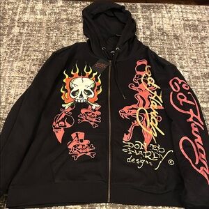 New Ed Hardy Black Hoodie with Skull and Flame Graphics. Size 2XL